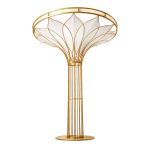 Large gold lotus-inspired illuminated stand with wide circular top and tall metal stem, luxury statement event décor.