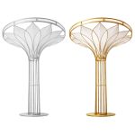 Large gold lotus-inspired illuminated stand with wide circular top and tall metal stem, luxury statement event décor.