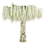Metal wire tree centerpiece with wide canopy draped in cascading white hanging florals, statement decor for weddings and event backdrops.