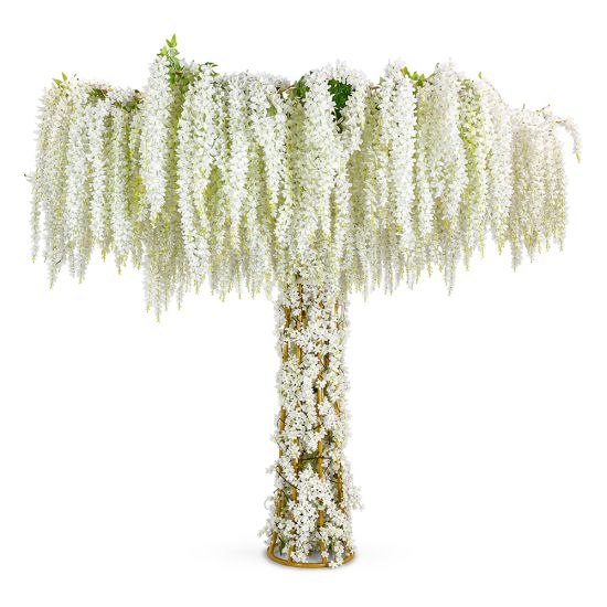 Metal wire tree centerpiece with wide canopy draped in cascading white hanging florals, statement decor for weddings and event backdrops.