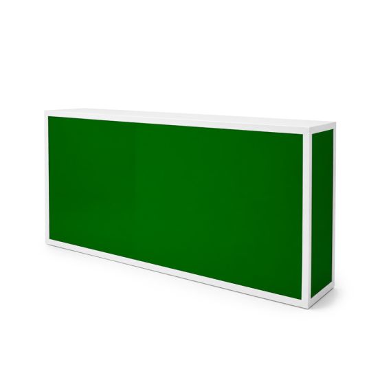 Contemporary green straight-front event bar rental unit with seamless panel façade and flat service countertop