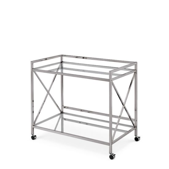 Stainless steel bar cart rental unit with smooth metallic finish and wheels for event cocktail service