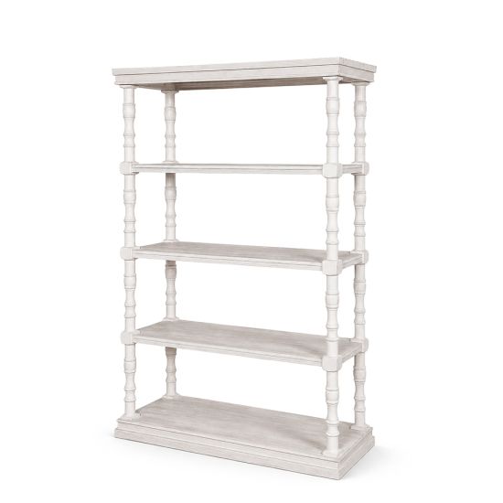 White boho-style open-shelf bar-back unit with multiple display tiers for event cocktail setups