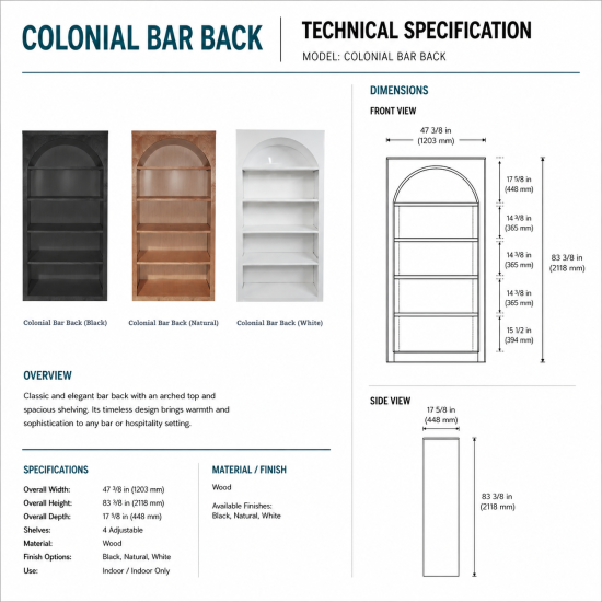 Black framed Colonial Bar Back shelving unit with dark finish for luxury event bar display