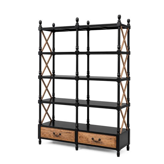 Black metal Shanghai shelving unit with open shelves, cross-braced sides, and wood base drawers, ideal for event lounge styling