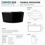 Curved black high-gloss acrylic event bar rental unit with dusty-blue accent top trim, creating modern lounge bar appeal.