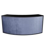 Curved black high-gloss acrylic event bar rental unit with dusty-blue accent top trim, creating modern lounge bar appeal.