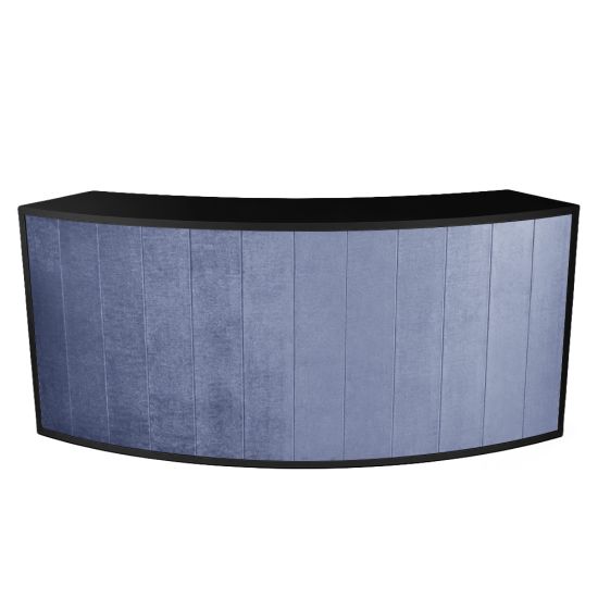 Curved black high-gloss acrylic event bar rental unit with dusty-blue accent top trim, creating modern lounge bar appeal.