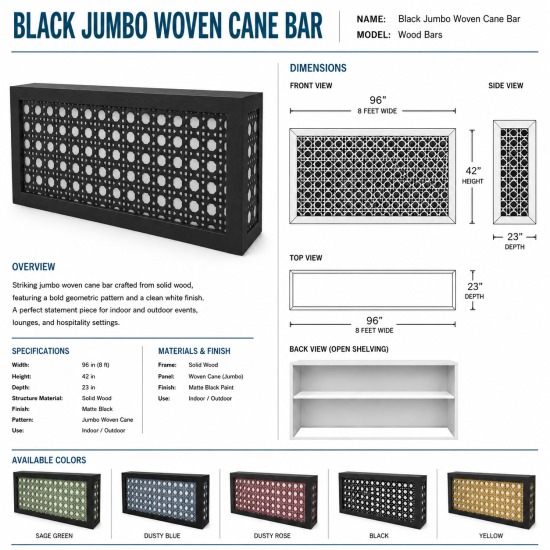Modern black woven cane bar with dusty blue backing and decorative geometric pattern