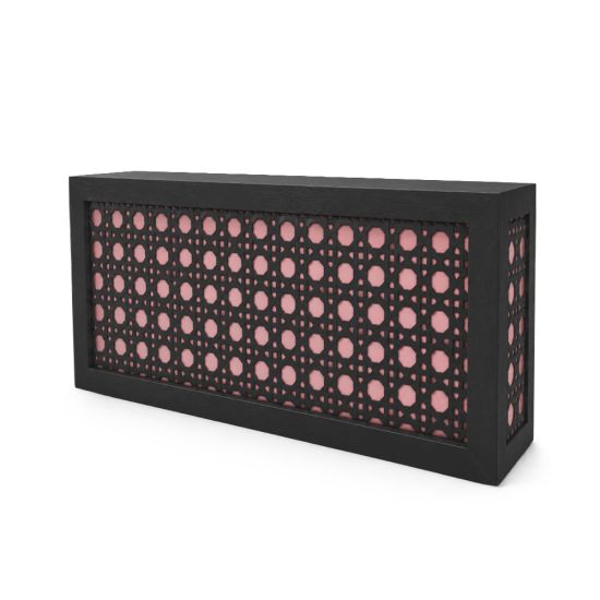 Elegant black woven cane bar with dusty rose backing and intricate lattice detailing