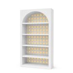 White arched shelving bar back with yellow geometric decorative backing