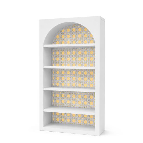 White arched shelving bar back with yellow geometric decorative backing