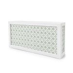White woven cane bar facade with sage green backing and geometric lattice design