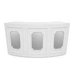 White curved Colonial Rattan event rental bar with silver stainless-steel insert panel for luxury event cocktail stations