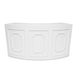 White colonial curved bar with decorative panel detailing and elegant curved design, luxury rental bar for weddings, cocktail hours, and events