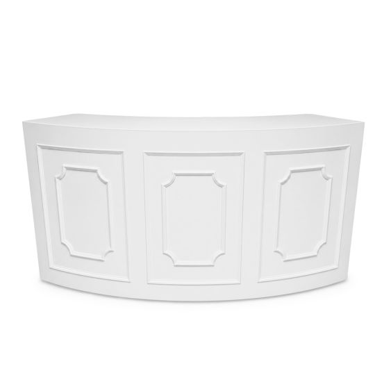 White colonial curved bar with decorative panel detailing and elegant curved design, luxury rental bar for weddings, cocktail hours, and events