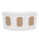 8-foot white curved rattan-panel Colonial Rattan bar rental unit with natural-tone weave front for luxury wedding and cocktail receptions