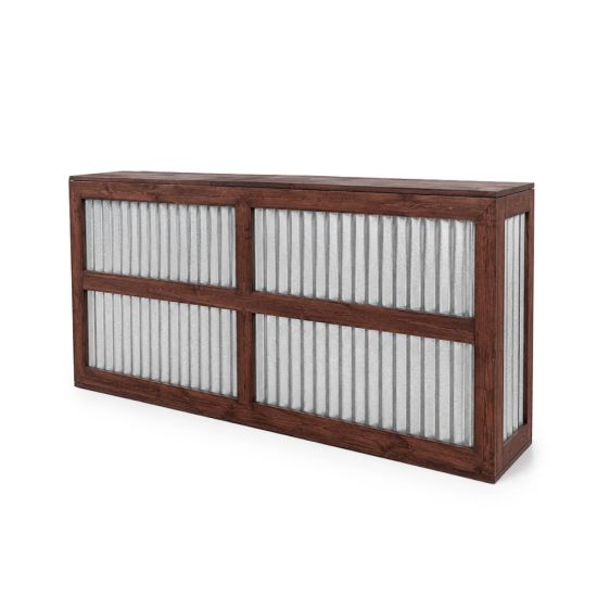 8-foot corrugated-metal front Urban Bar rental unit with industrial urban finish for modern event cocktail stations