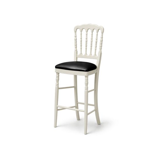 White Tavola bar stool with decorative back and black cushion seat, elegant high seating for weddings, bars, and receptions