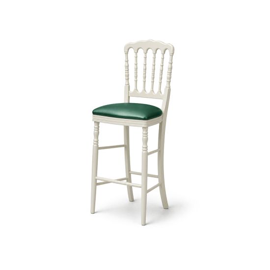 White Tavola bar stool with ornate back and emerald green cushion seat, stylish seating for event bars and cocktail lounges