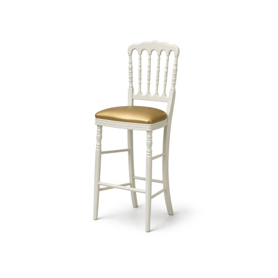 White Tavola bar stool with decorative back and gold cushion seat, elegant seating for weddings, receptions, and lounge décor