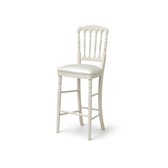 White Tavola bar stool with decorative back and matching white cushion seat, classic bar-height seating for weddings and events