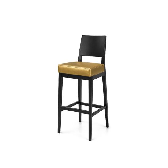 Black Porcino bar stool with straight high back, cushioned gold seat and four-leg frame with footrest, modern event or bar seating.