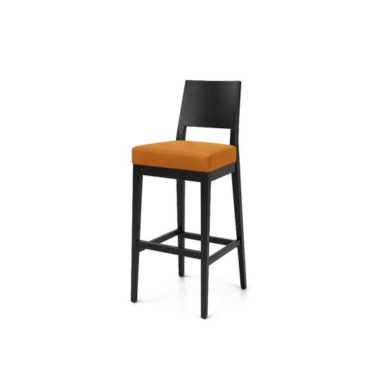 Black Porcino bar stool with straight high back, cushioned orange seat and four-leg frame with footrest, modern event or bar seating.