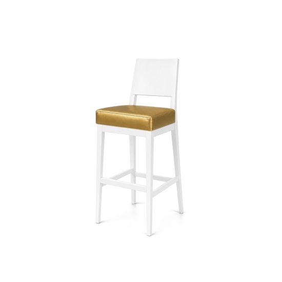 White Porcino bar stool with high straight white back, cushioned gold seat and four-leg white frame with footrest for modern event bar seating