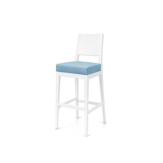 White Porcino bar stool with high straight white back, cushioned Turquoise seat and four-leg white frame with footrest for modern event bar seating