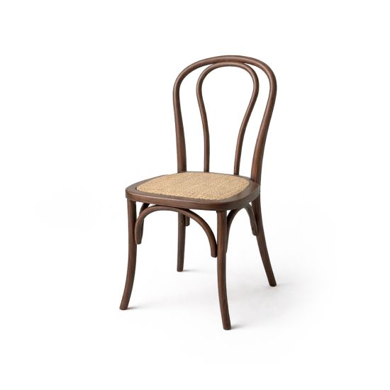 “Mahogany Natural wood bentwood chair with curved top backrest and slender legs, bohemian-style event seating.”