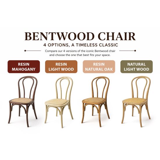 Resin Natural wood bentwood chair with curved top backrest and slender legs, bohemian-style event seating
