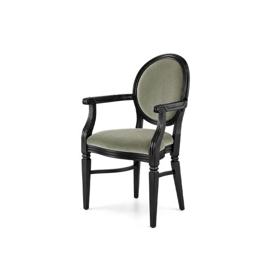 Luxury black Chandelle armchair finished with bright silver velvet upholstery