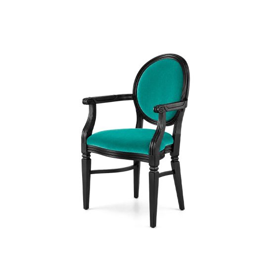 Black framed Chandelle armchair featuring a vibrant tiffany blue teal velvet seat.