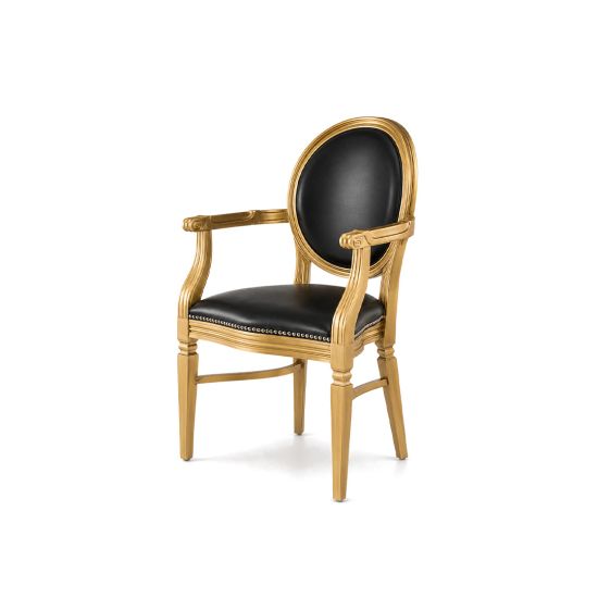Luxury gold Chandelle armchair showcasing a premium black leather seat and backrest.