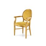 Chandelle armchair with gold frame and champagne beige velvet upholstery.