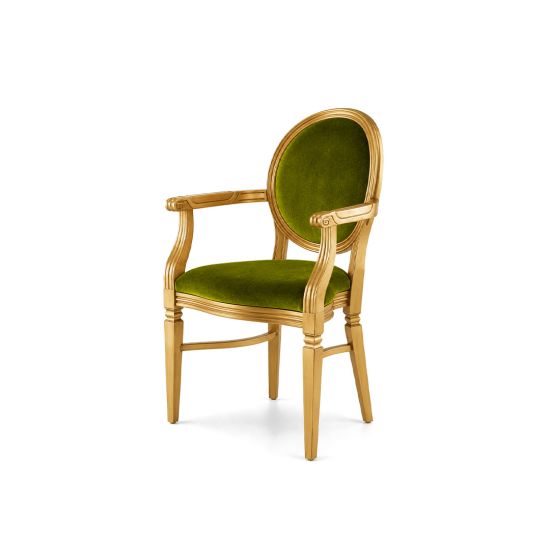 Gold oval-back Chandelle armchair with rich moss green velvet upholstery.