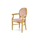 Chandelle armchair with ornate gold framing and soft rose pink velvet fabric.