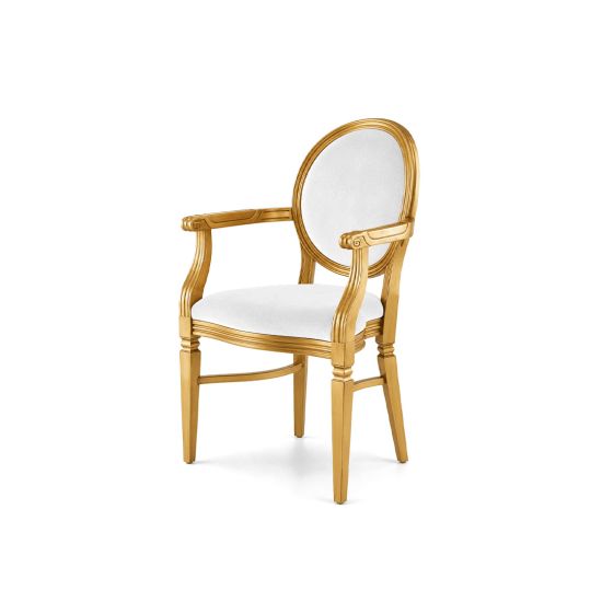 Sophisticated white velvet Chandelle armchair detailed with a gold finish.