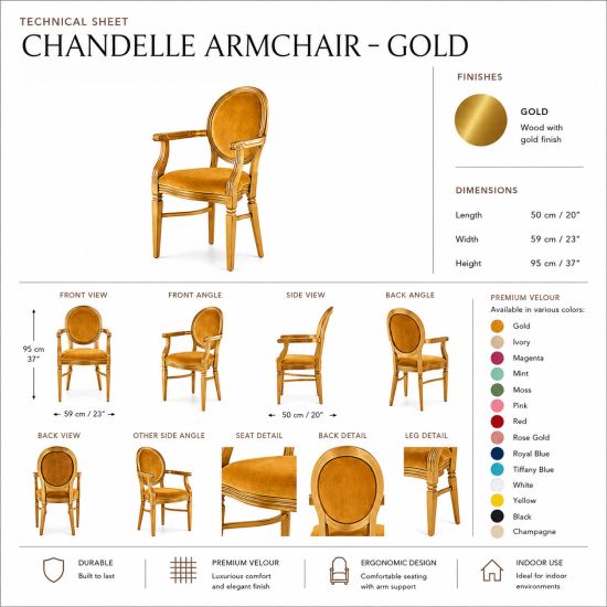Elegant gold Chandelle armchair upholstered in deep eggplant purple velvet.