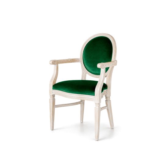 Chandelle armchair detailed with a whitewashed ivory wood frame.