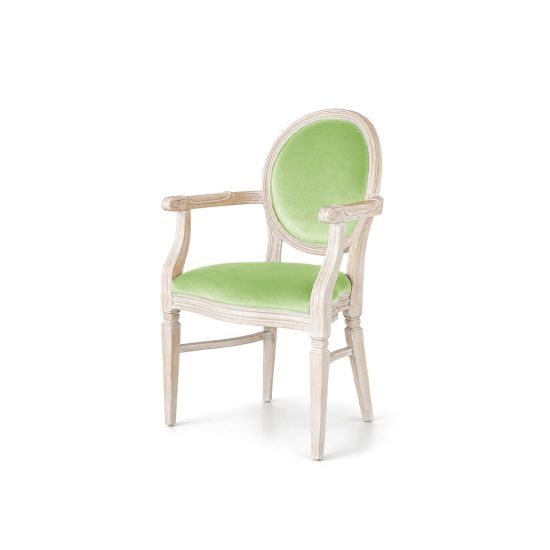 Luxury ivory wood Chandelle armchair featuring vibrant mint velvet upholstery.