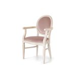 Ivory wood Chandelle armchair upholstered in soft rose pink velvet fabric.