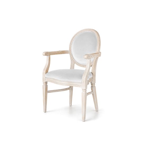Monochromatic Chandelle armchair featuring ivory white velvet and a matching wood frame.