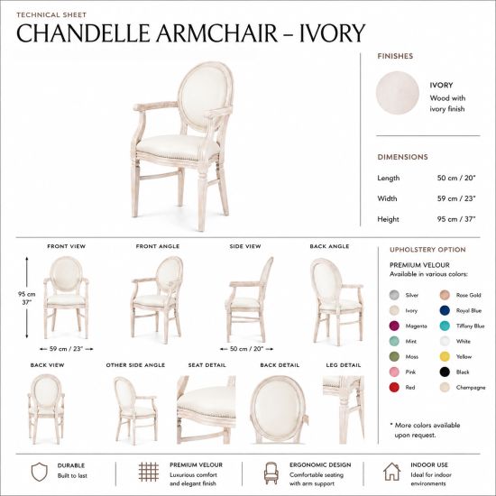 Luxury ivory wood Chandelle armchair featuring vibrant magenta velvet upholstery.