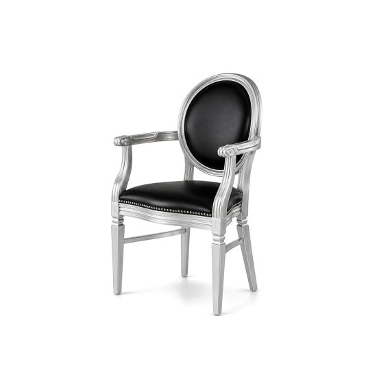 Metallic silver Chandelle armchair detailed with sleek black leather upholstery.