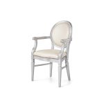 Polished silver Chandelle armchair cushioned in elegant cream ivory leather fabric.