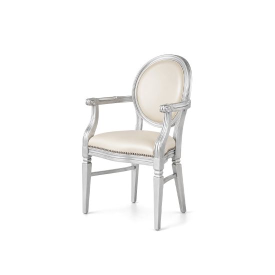 Polished silver Chandelle armchair cushioned in elegant cream ivory leather fabric.