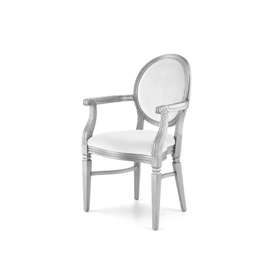 Elegant silver Chandelle armchair featuring pristine white velvet seat and backrest.