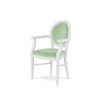 Elegant white Chandelle armchair upholstered in light mint green velvet fabric.